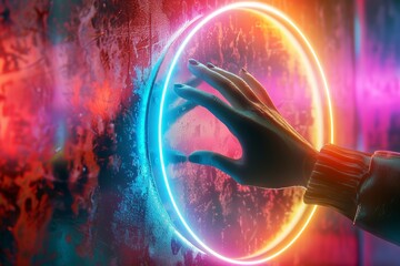 Dark Skinned Hand Reaching Through a Vibrant Oval Portal to Touch a Virtual Hand in a Conceptual Depiction of Metaverse and Web 3.0 Interaction