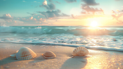 An early morning beach background wallpaper, with soft, inviting colors. - obrazy, fototapety, plakaty