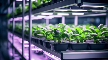 Vertical Farming Rack with Green Plants Growing in a Hydroponics System. 