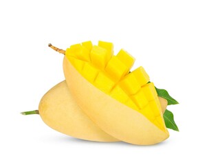 Mango fruit with mango cubes and leaves isolated on a white background. Organic food.