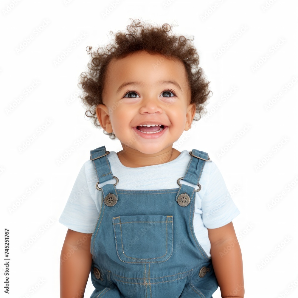 Poster Stock image of a toddler in overalls against a plain white background Generative AI
