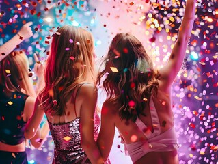 Obraz premium Beautiful young women celebrating having fun at a party. Rear view of crowd of people.
