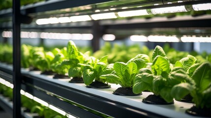 Vertical Farming Rack with Green Plants Growing in a Hydroponics System.  - obrazy, fototapety, plakaty