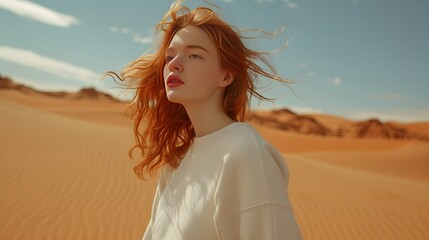 Fototapeta na wymiar Redhead girl wearing crewneck white sweatshirt standing in the desert