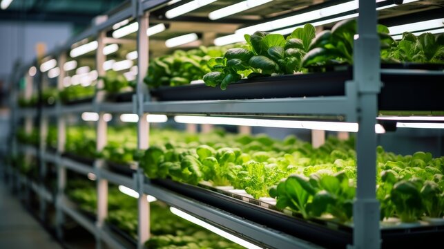 Vertical Farming Rack with Green Plants Growing in a Hydroponics System. 