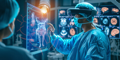 A doctor wearing a VR headset interacts with futuristic digital displays, possibly for surgery planning or medical training.