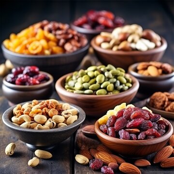 Stock image of a variety of nuts and dried fruits in bowls, a healthy and natural snack Generative AI