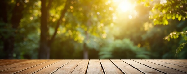Wooden table with a serene, green natural backdrop bathed in warm sunlight, ideal for summer or spring event designs.