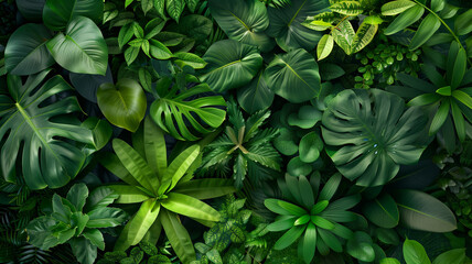 A close-up banner of a variety of tropical green leaves from a top view, highlighting the intricate patterns and textures.
