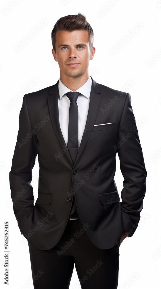 Poster Stock image of a young man wearing a formal suit on a white background Generative AI
