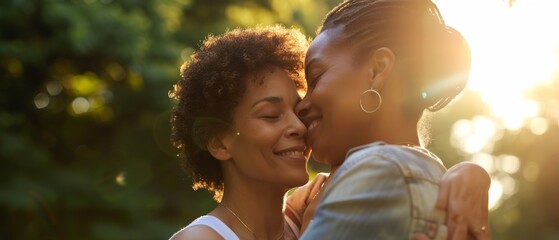 Two affectionate women hugging each other in warm sunlight, evoking feelings of love and friendship, ideal for LGBTQ themes. - obrazy, fototapety, plakaty