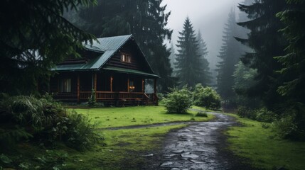 Fototapeta na wymiar Wooden house in green nature