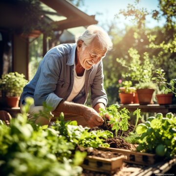 Stock image of an elderly man gardening in his backyard, nurturing plants and enjoying nature Generative AI