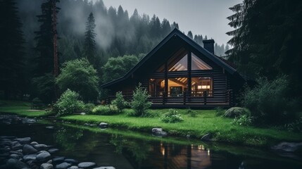 Wooden house in green nature