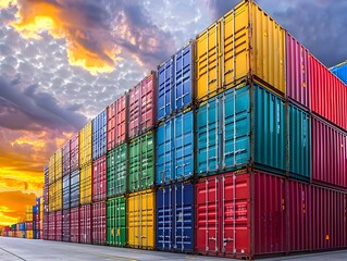 Multi coloured shipping crates. Rows of shipping containers in different colors. Transport business. Logistics import and export of goods