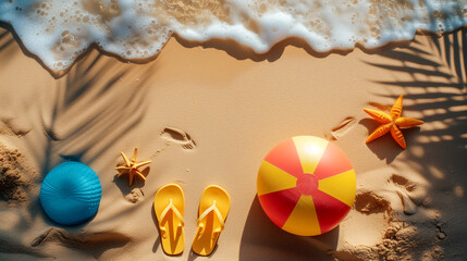 Obraz premium Beach accessories on the sand, top view