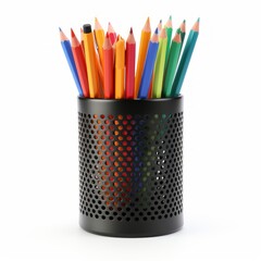 Stock image of an office pen holder on a white background, neat, organized storage for pens Generative AI