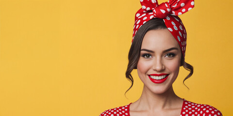 Naklejka premium Closeup portrait of happy young woman pinup girl looking excited surprised isolated yellow background retro vintage 50's style. Positive human emotions, facial expressions reaction