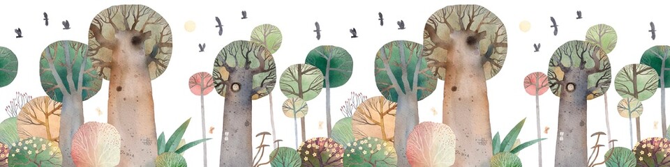 Cute watercolor forest. Big trees. View of the forest landscape. Beautiful park. Wall art. Horizontal seamless pattern. © bukhavets