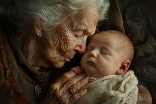 Tender Moment Depicting a Grandmother Bestowing a Loving Kiss on Her Newborn Grandchild