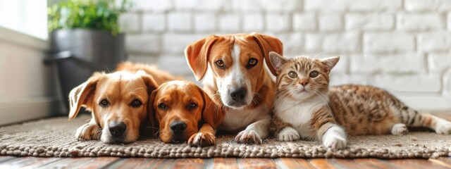 Three adorable puppies and a cute cat lying on a carpet in a cozy living room with a white brick wall background. Concept of pet companionship, domestic animals, and family pets.
