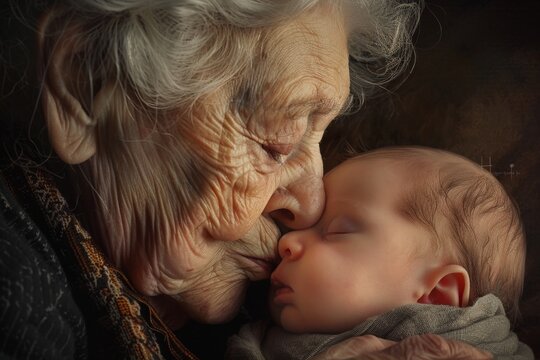 Tender Moment Depicting a Grandmother Bestowing a Loving Kiss on Her Newborn Grandchild