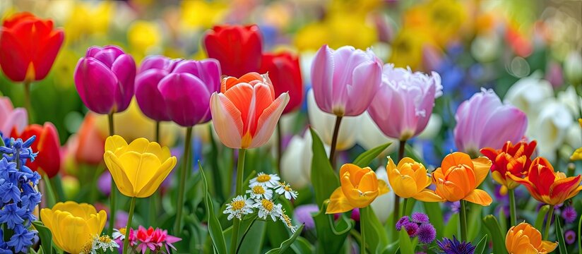 A vibrant field filled with colorful tulips and various other spring flowers in full bloom. The flowers are displaying a riot of colors, creating a joyful and lively scene that celebrates the beauty