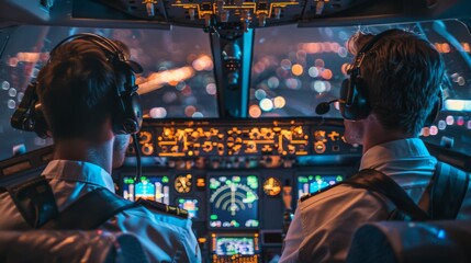 Commercial airline pilots in uniform operating a cockpit with illuminated controls during a night flight. - obrazy, fototapety, plakaty