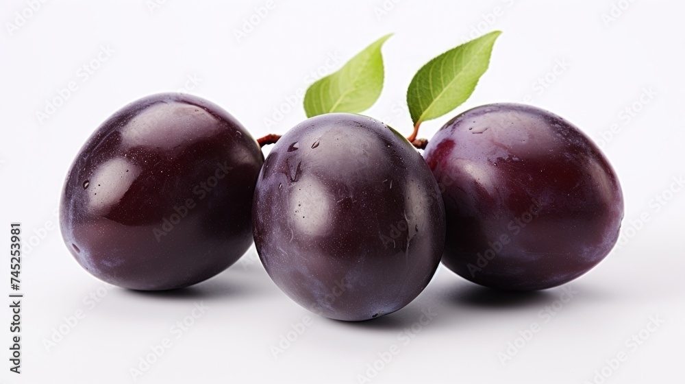 Poster three ripe plums captured in a close-up realistic photo against a white background generative ai