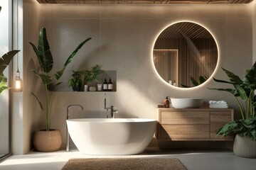 Modern Bathroom Interior with Freestanding Bathtub and Wooden Sink Cabinet