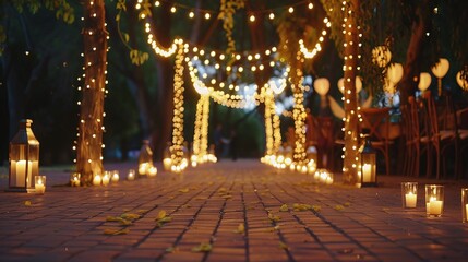 night ceremony decor featuring outdoor string lights, candles, and lamps, setting a romantic atmosphere for the evening celebration of love and happiness