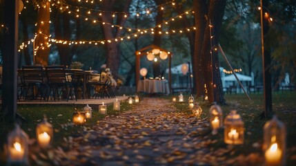 Fototapeta na wymiar outdoor string lights illuminate the wedding ceremony evening, creating a magical ambiance with candles and lamps for a romantic and joyous event