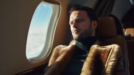 Zelfklevend Fotobehang Rich billionaire young handsome man on a seat of his private jet looking through the plane window © Mohsin