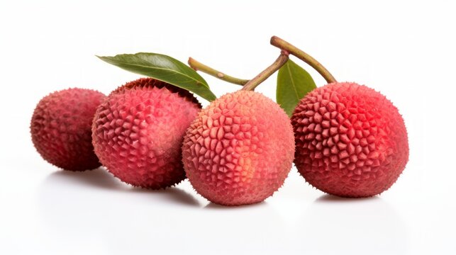 Three fresh, succulent lychees captured in a close-up realistic photo against a white background Generative AI