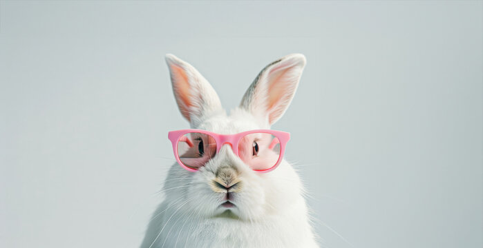 white clear background with sweet bunny's ears peeking from egde wearing pink sunglasses, in the style of digital minimalism ,beautiful and sweet, trendy minimalism photography. Banner. copy space.