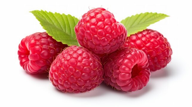 Three luscious raspberries captured in a close-up realistic photo against a white background Generative AI