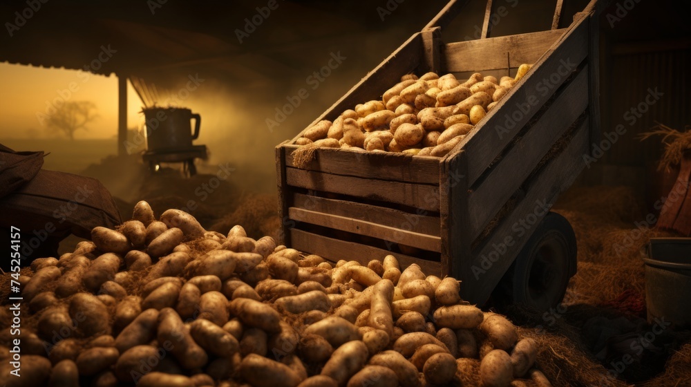 Poster generative ai harvesting in the warehouse there are boxes with potatoes