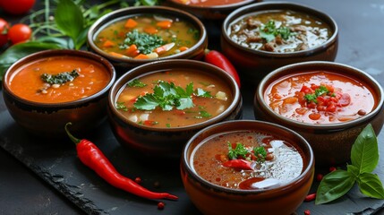 Various soups in bowls made with different ingredients and recipes