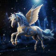 Obraz na płótnie Canvas A majestic horse with wings and a flowing mane, exuding power and grace as it gallops. Unicorn in night, dark blue background 