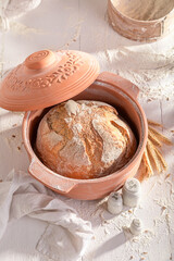 Healthy loaf of bread baked in a baking mold.
