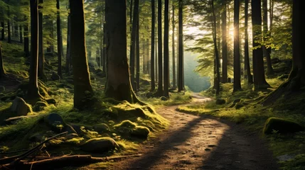 Papier Peint photo Lavable Route en forêt Generative AI Tranquil Forest Jog