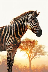 Fototapeta na wymiar Sunset Silhouette of a Zebra with Double Exposure of Savannah