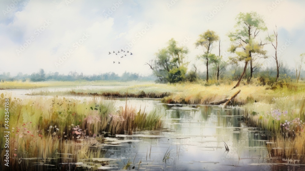 Aufkleber generative ai tranquil marshlands with diverse birdlife. aquarelle