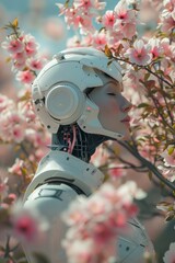 the harmony of technology and nature in a portrait featuring an AI robot against a backdrop of blooming spring flowers