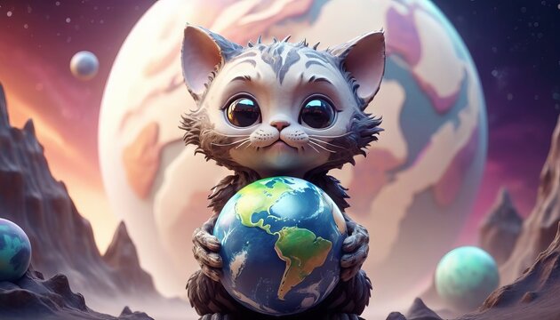 A lonely cute alien animal, similar to a cat, holds the planet in its paws