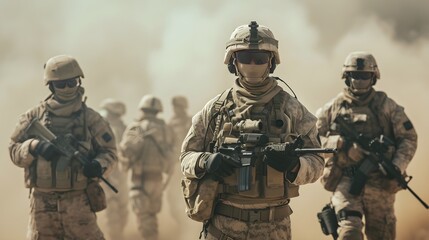 Several modern soldiers fully equipped facing the camera in a dusty and smoggy environment
