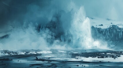 Obraz premium Geysers amidst Icelandic fjords, natures hot springs painting the cold landscape