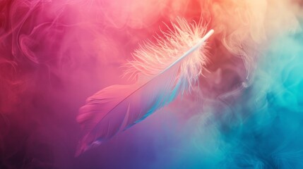  white fluffy feather against a vibrant patchwork of pastel rainbow colors