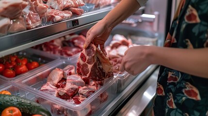 closeup view of woman organizing chilled meat in the refrigerator, showcasing kitchen hygiene and household food management practices