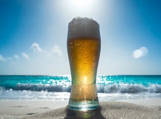 Beer glass isolated on the beach. Cold fresh beer. Advertisement.